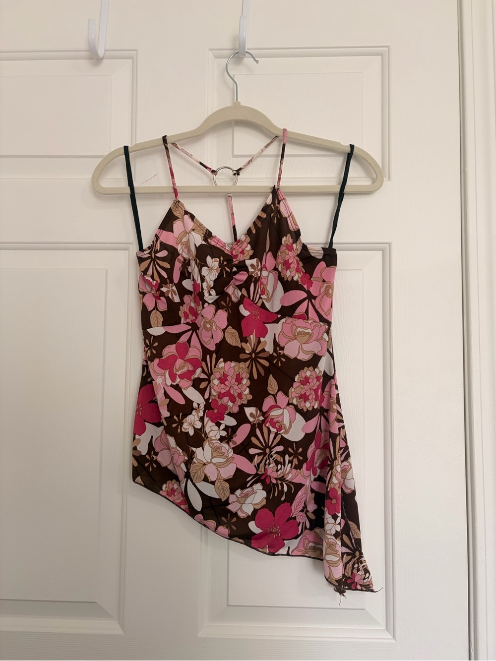 Y2K Floral Asymmetric Slip Tank Top - Pink Brown